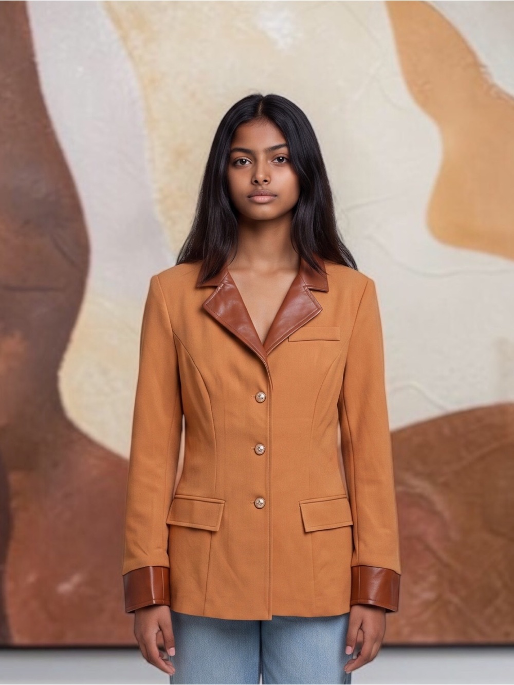 Women’s Faux Suede/Leather-Trim Single Breast Blazer Jacket Rust/Brown Size-XL